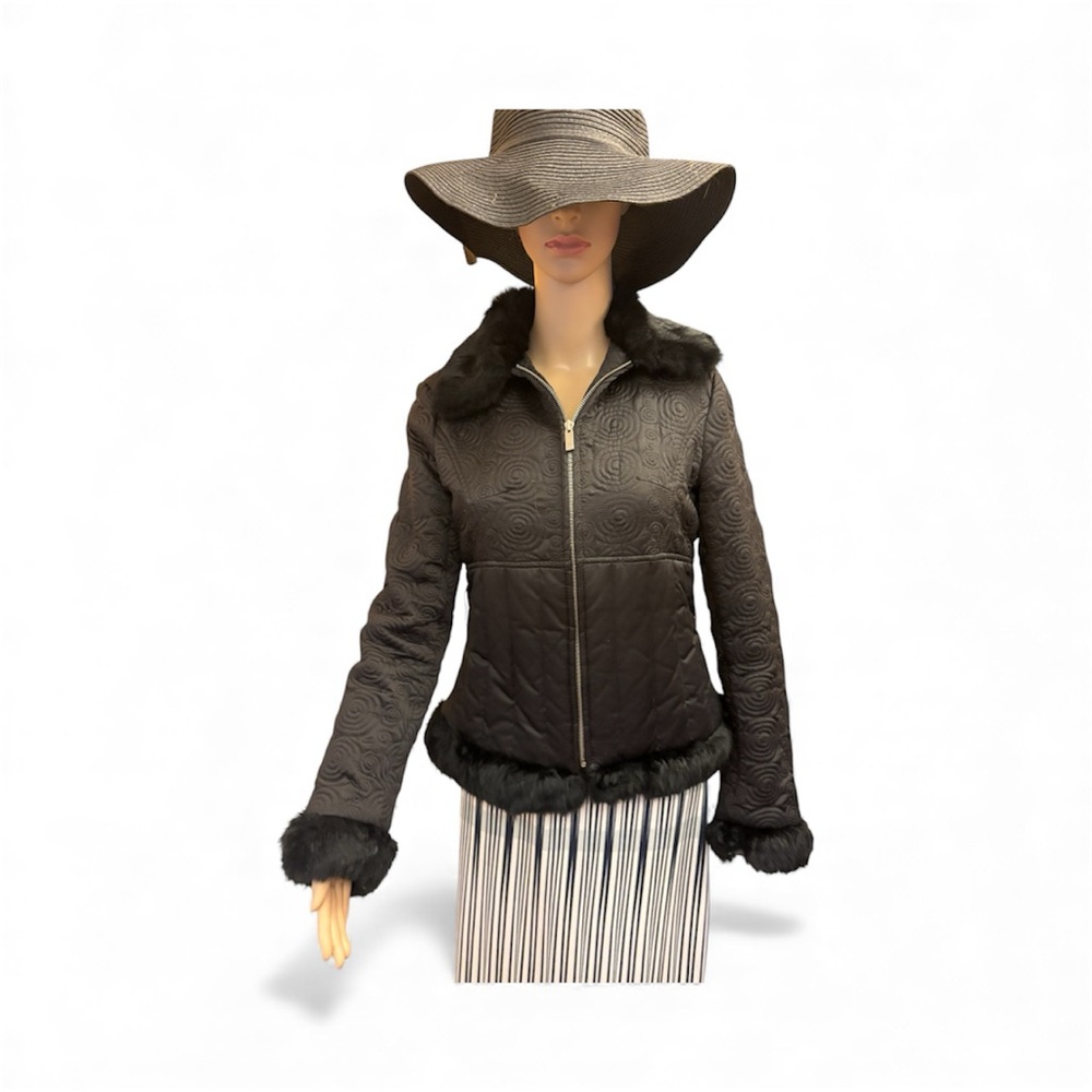 Bebe Black Textured Jacket with Real Fur